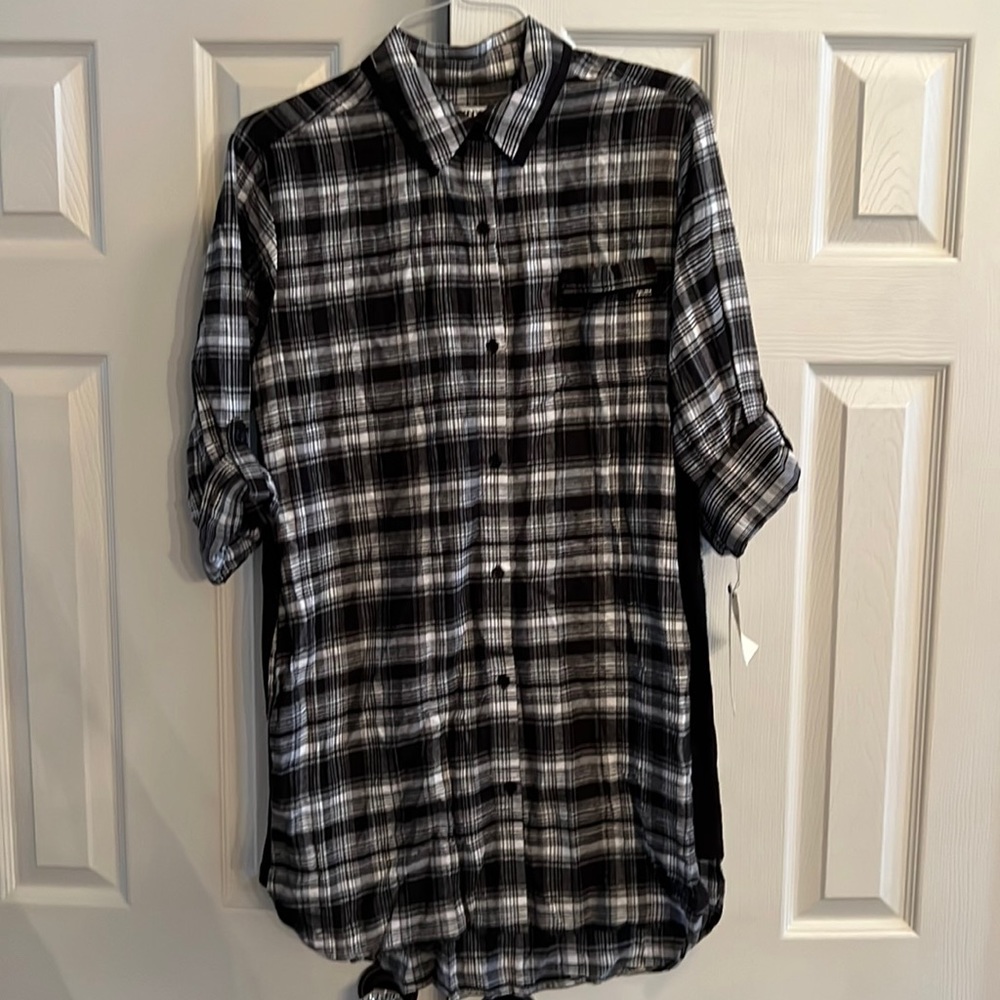 DKNY Black Plaid Shirt dress, Size Medium NWT